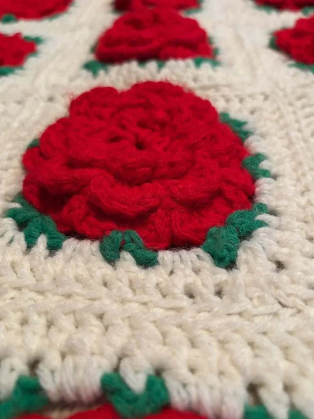 Handmade Crochet Blanket With Red 3D Rose Motif And White Background 42